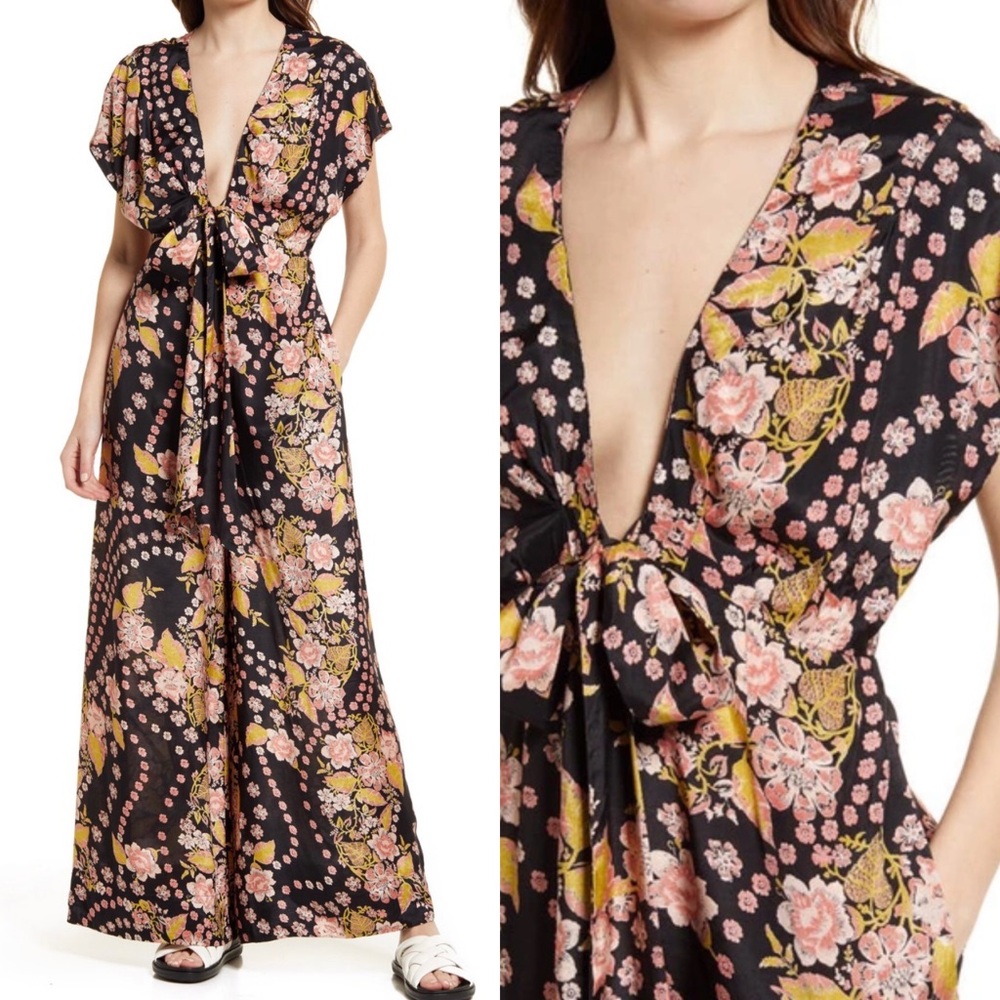Free People Jumpsuit Women’s Sz XS  In The Mood For Love Satin Floral Wide Leg